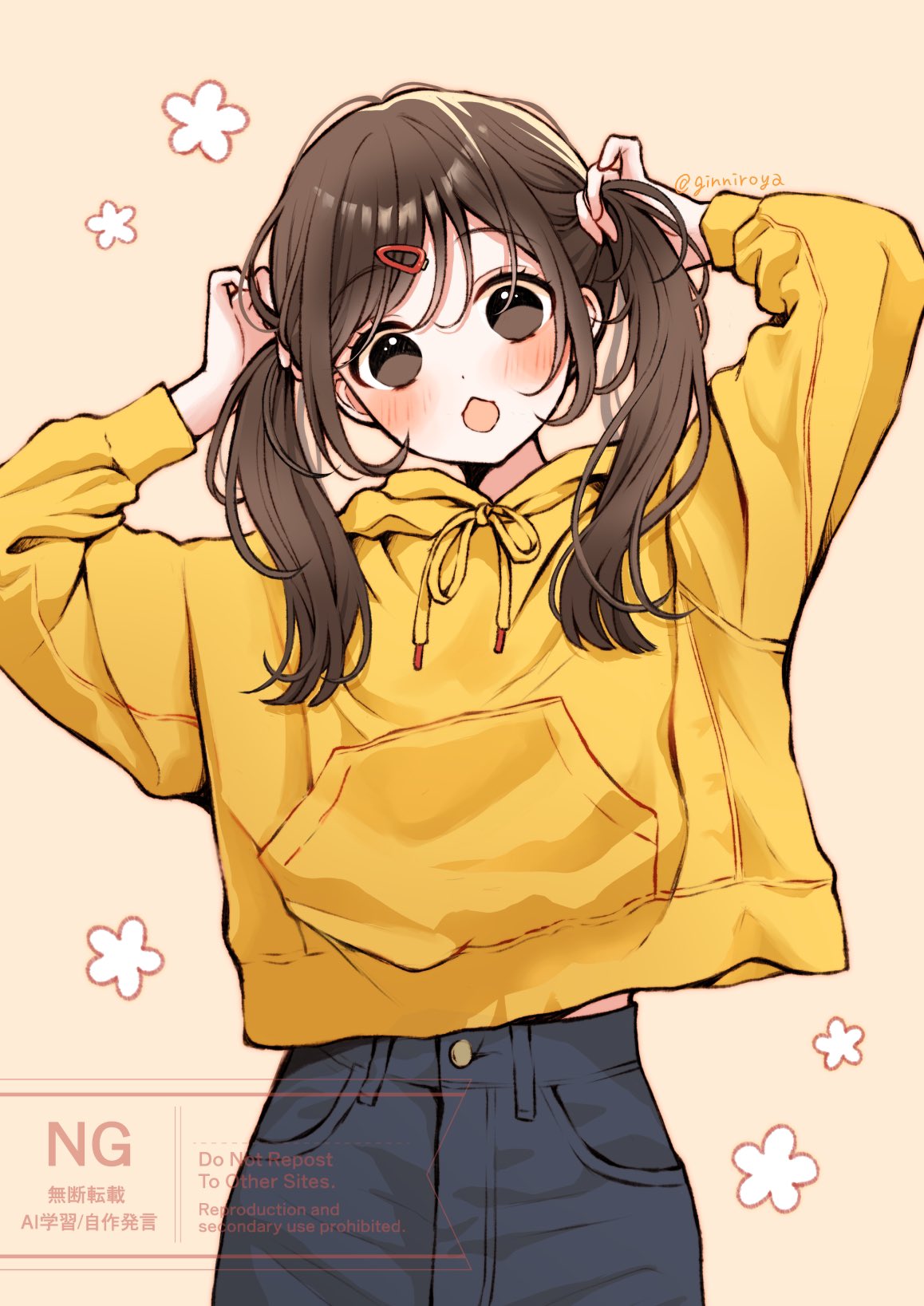 1girl, blue_pants, blush, brown_eyes, brown_hair, flower, ginniroya, hair_ornament