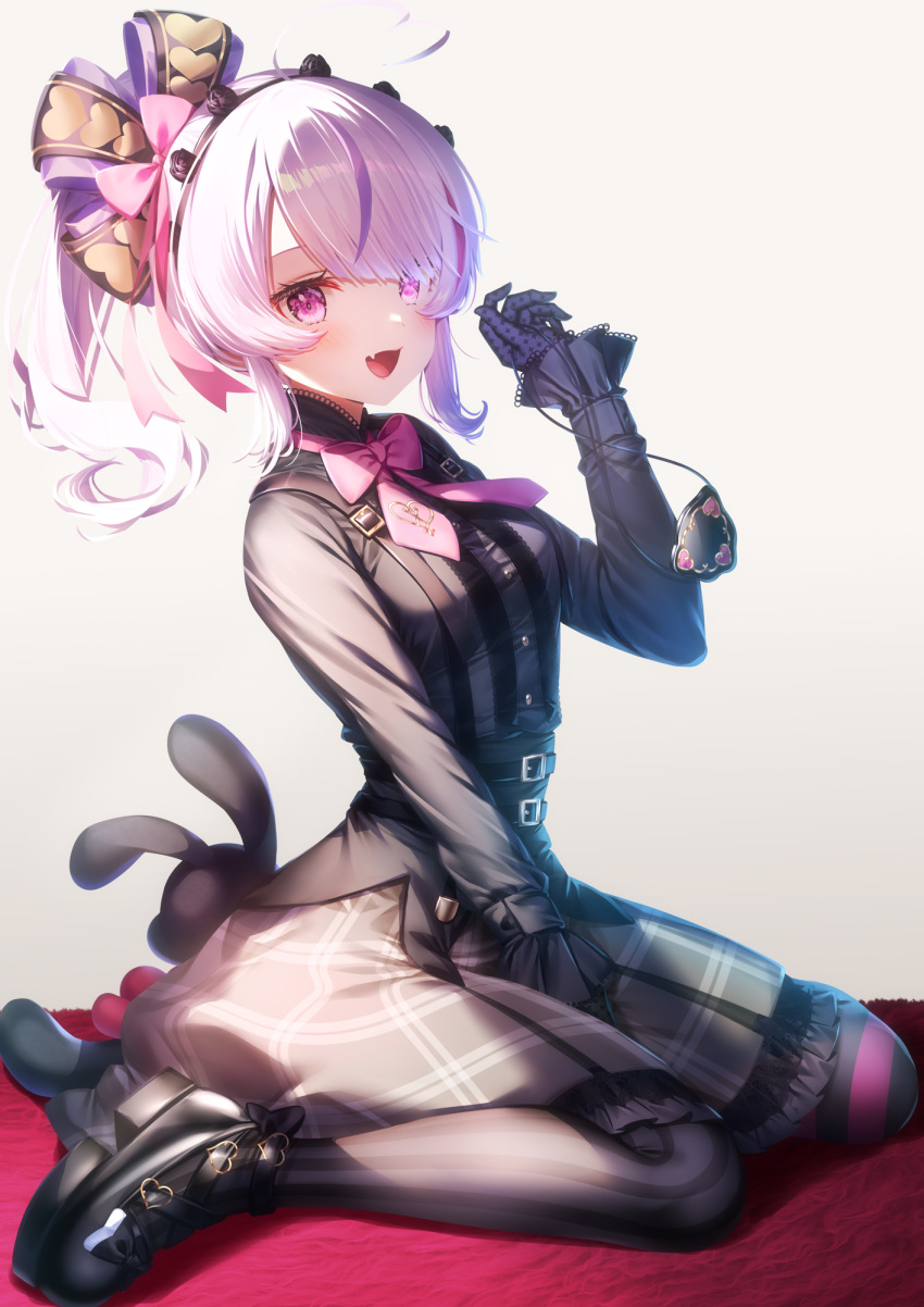 1girl, :d, ahoge, asymmetrical_legwear, black_gloves, black_shirt, black_shoes, black_skirt