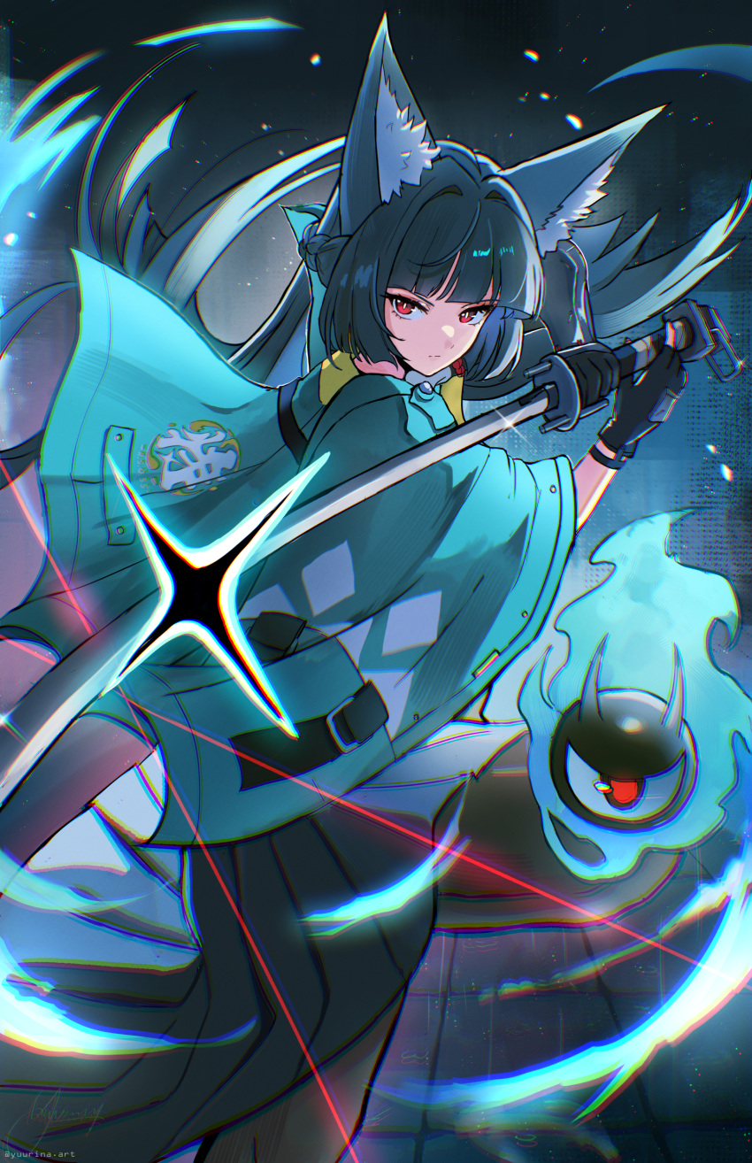 1girl, absurdres, animal_ears, aqua_jacket, black_gloves, black_hair, black_pantyhose, black_skirt