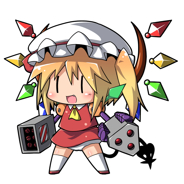 dress, fang, flandre_scarlet, gem, god-emperor, jinnouchi_akira, laevatein, medarots, multishot_rocket_launcher, panties, robot, rocket_launcher, side_ponytail, solo, the_embodiment_of_scarlet_devil, touhou, transparent_background, underwear, weapon, wings, |_|