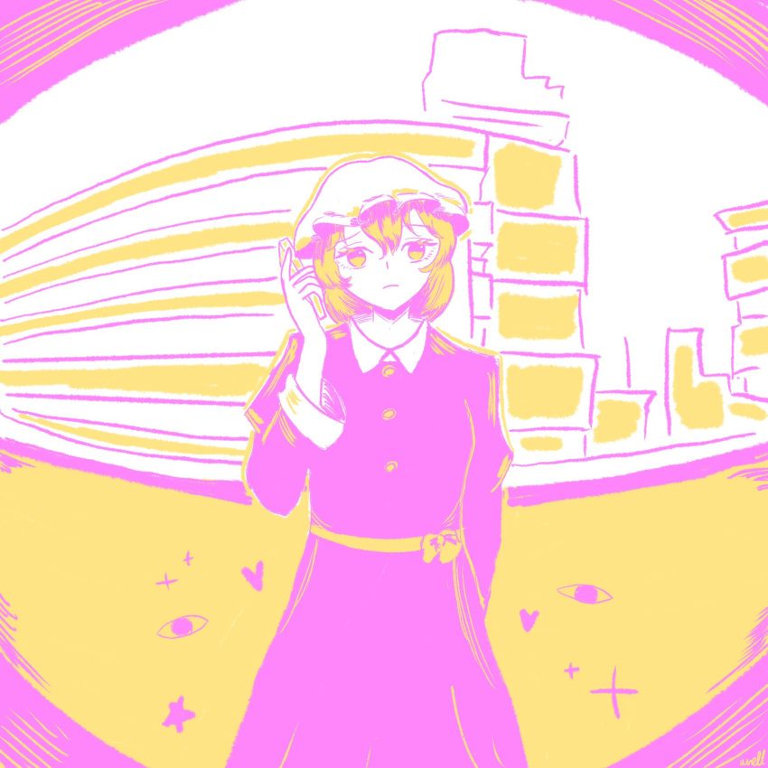 1girl, arm_behind_back, artist_name, blonde_hair, calling, city, closed_mouth, disembodied_eye, dress, fisheye, hair_between_eyes, hat, heart, highres, holding, holding_phone, long_dress, long_sleeves, maribel_hearn, mob_cap, phone, purple_dress, sad, sash, short_hair, solo, star_(symbol), three-toned_background, touhou, two-tone_background, violet_eyes, white_hat, wrell, yellow_eyes