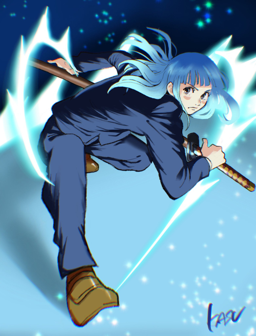 1girl, aqua_hair, aura, bent_over, black_pants, black_suit, blazer, blue_background