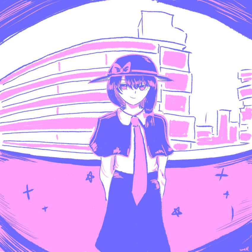 1girl, arms_behind_back, artist_name, black_capelet, black_hair, black_hat, black_skirt, bow
