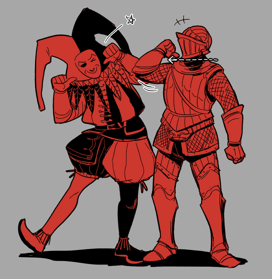 2boys, armor, armored_boots, baggy_pants, boots, breastplate, dark_souls_(series), dark_souls_ii, essor0706, full_body, gauntlets, hat, jester, jester_cap, knight, maldron_the_assassin, male_focus, mask, masked, monochrome, multiple_boys, one_eye_closed, pants, red_theme, shoes, simple_background, slit_throat_(gesture), standing, thomas_the_jester