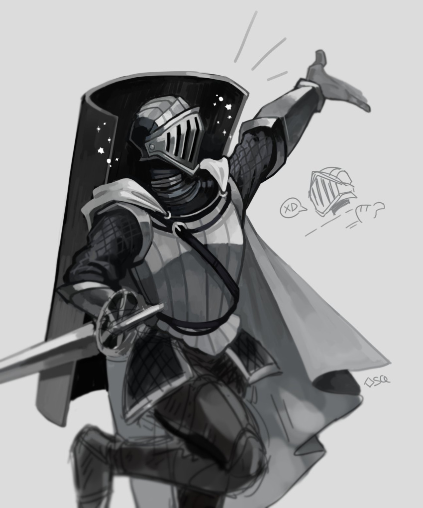 >_<, 1boy, :d, arm_up, armor, breastplate, cape, chainmail