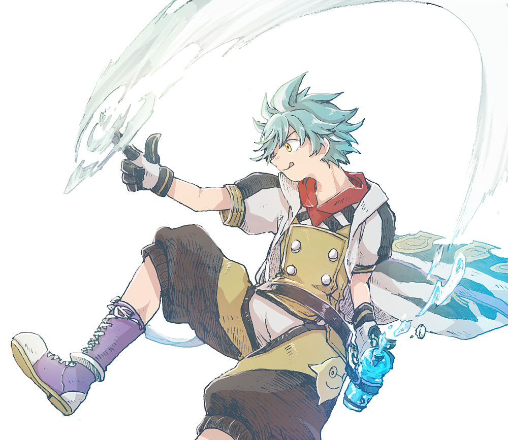 1boy, :q, another_eden, belt, black_belt, blue_hair, boots, bottle