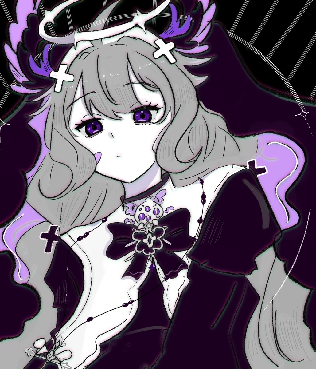 1girl, ahoge, aloupeep_(enna_alouette), ascii_art_commentary, bandaid, bandaid_on_cheek, bandaid_on_face, enna_alouette, expressionless, halo, head_wings, highres, kamippoina_(vocaloid), long_hair, nijisanji, nijisanji_en, pout, purinpewe, spot_color, veil, violet_eyes, virtual_youtuber, wings