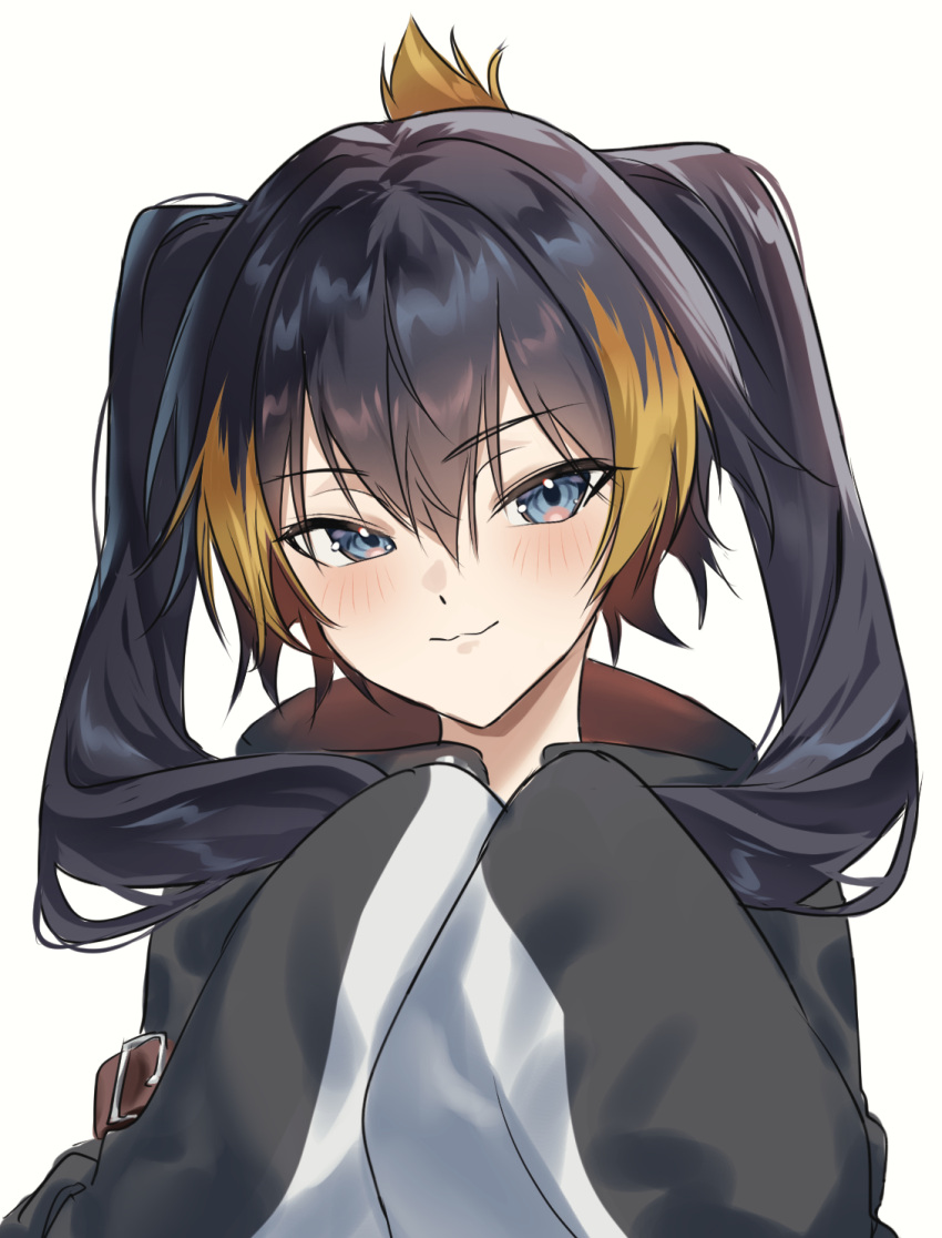 1girl, :3, black_hair, blonde_hair, blue_eyes, blush, folded_ponytail, hair_between_eyes