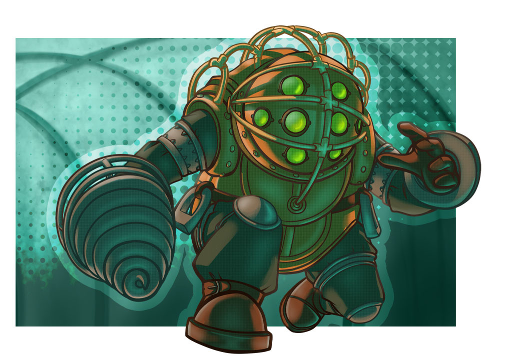1boy, big_daddy_(bioshock), bioshock_(series), blue_background, border, brown_gloves, commentary, commission
