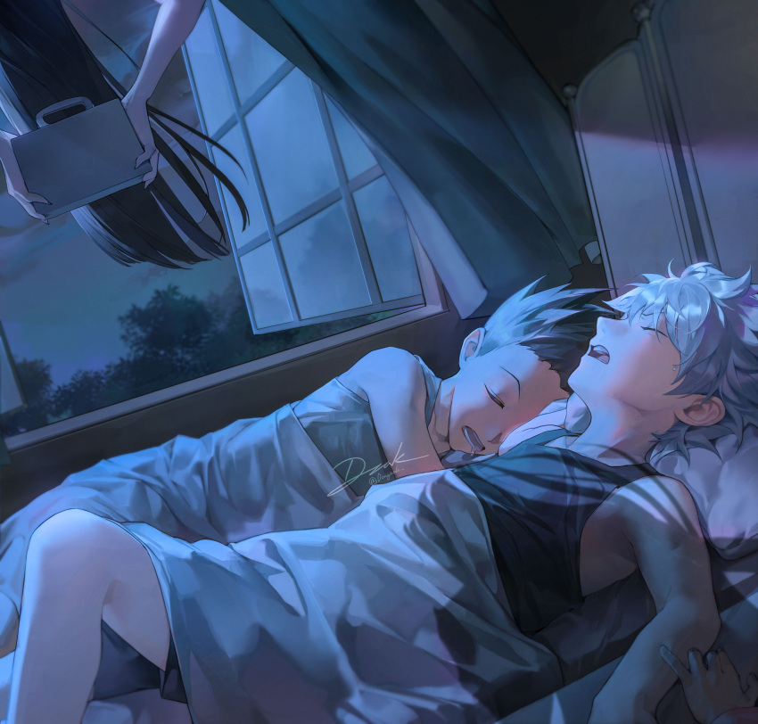1other, 3boys, absurdres, armpits, bed, bed_sheet, black_hair, black_shirt, briefcase, closed_eyes, curtains, dongzak_o0, drooling, gon_freecss, grey_hair, highres, holding, holding_briefcase, hunter_x_hunter, illumi_zoldyck, killua_zoldyck, knee_up, long_hair, lying, male_focus, multiple_boys, night, official_alternate_costume, on_back, on_side, open_mouth, open_window, pillow, shadow, shirt, short_hair, signature, sleeping, sleeping_together, sleeveless, teeth, tongue, twitter_username, white_shirt, window
