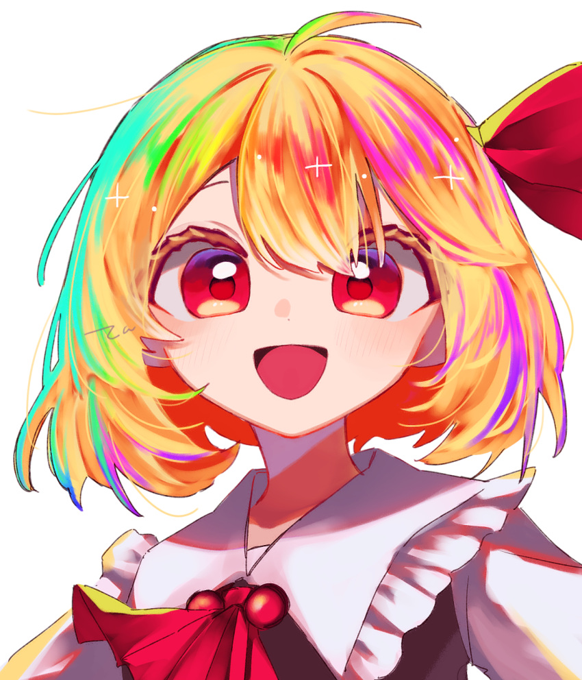 1girl, ahoge, artist_name, ascot, black_vest, blonde_hair, collared_shirt, frilled_shirt_collar, frills, hair_ribbon, highres, looking_at_viewer, loose_hair_strand, open_mouth, red_ascot, red_eyes, red_ribbon, ribbon, rumia, shirt, short_hair, signature, simple_background, smile, solo, touhou, user_hhak8737, vest, white_background, white_shirt
