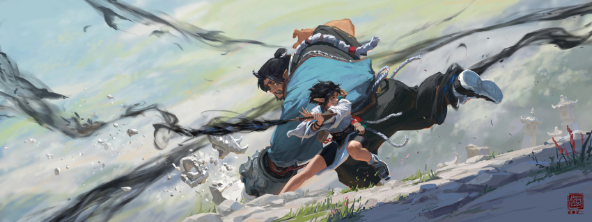 1boy, 1girl, black_hair, facial_hair, fantasy, fighting, grass, high_detail, highres, holding, holding_sword, holding_weapon, japanese_clothes, kan_liu_(666k), katana, looking_back, looking_to_the_side, magic, medium_hair, missed_shot, open_mouth, original, scenery, shadow, shoes, smile, sneakers, surprised, sword, touhou, very_long_ears, water, weapon
