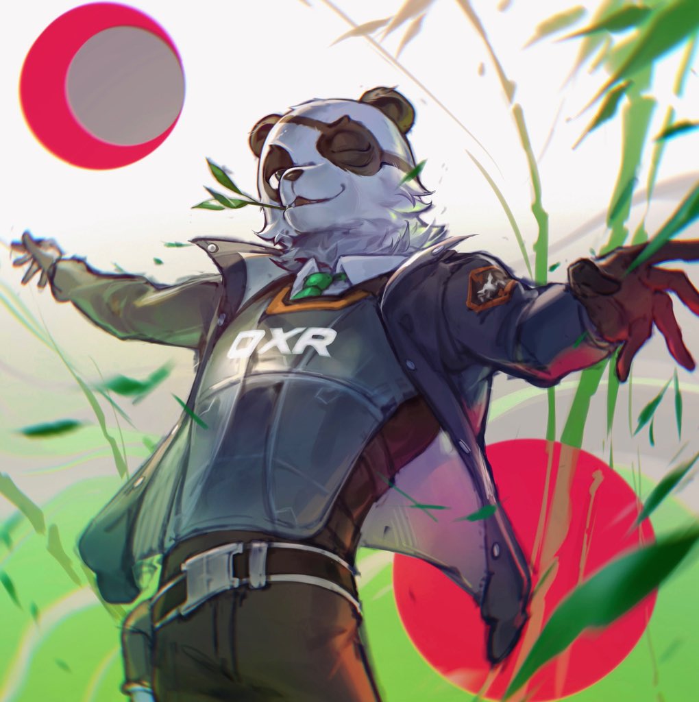 1boy, agent_patch_(fortnite), animal_ears, bamboo, black_fur, black_gloves, black_pants, blue_jacket, bulletproof_vest, fortnite, furry, furry_male, gloves, green_necktie, hashtag-only_commentary, jacket, looking_to_the_side, male_focus, mouth_hold, mr.gx, necktie, one_eye_closed, open_mouth, panda_boy, panda_ears, pants, shirt, smile, stalk_in_mouth, white_fur, white_shirt