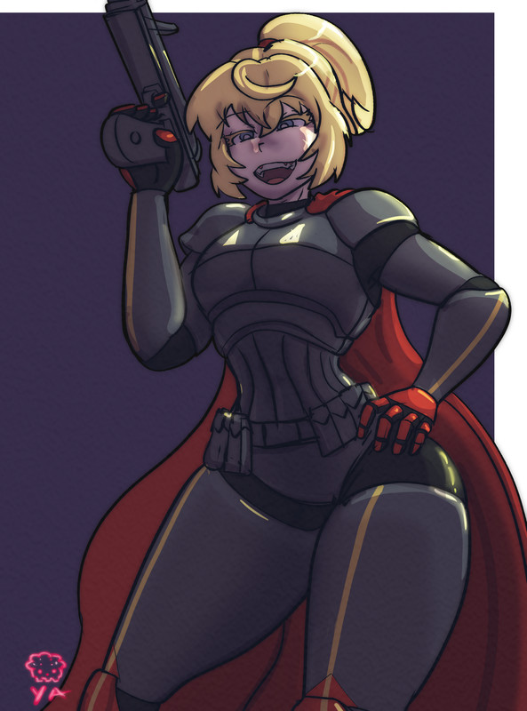 armor, belt, black_armor, blonde_hair, blue_eyes, cape, colored_eyelashes, commission, galactic_empire_(star_wars), gun, hand_on_own_hip, holding, holding_gun, holding_weapon, military_uniform, open_mouth, ponytail, raptor, red_cape, science_fiction, simple_background, star_wars, tanya_degurechaff, utility_belt, weapon, yoshikage_alpharius, youjo_senki