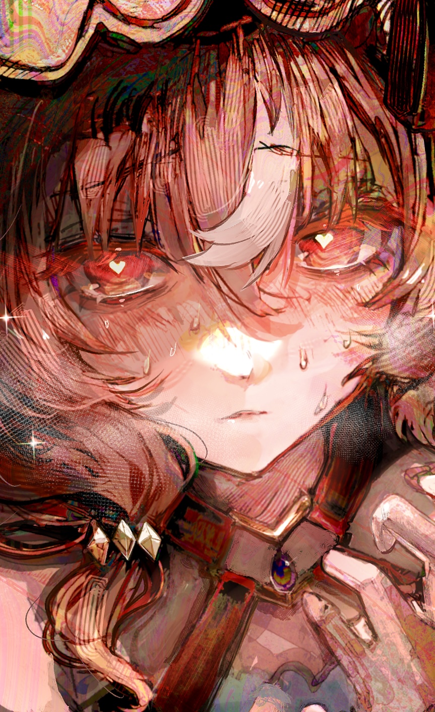 1girl, animal_ears, blush, breasts, brown_hair, detached_sleeves, dress, ear_covers, guanylunba, hair_between_eyes, hair_ornament, highres, horse_ears, horse_girl, long_hair, looking_at_viewer, parted_lips, red_dress, red_eyes, solo, still_in_love_(scarlet_vow_raiment)_(umamusume), still_in_love_(umamusume), sweat, umamusume, upper_body, veil, white_veil