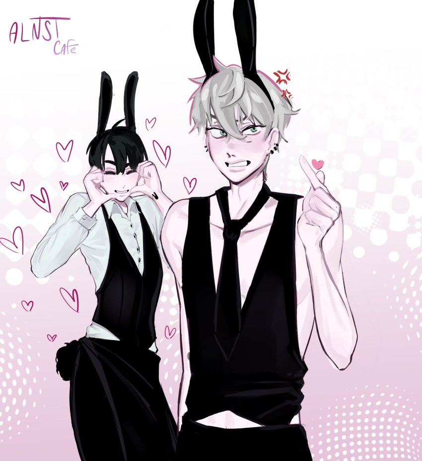 2boys, alien_stage, anger_vein, animal_ears, apron, black_apron, black_necktie, black_vest