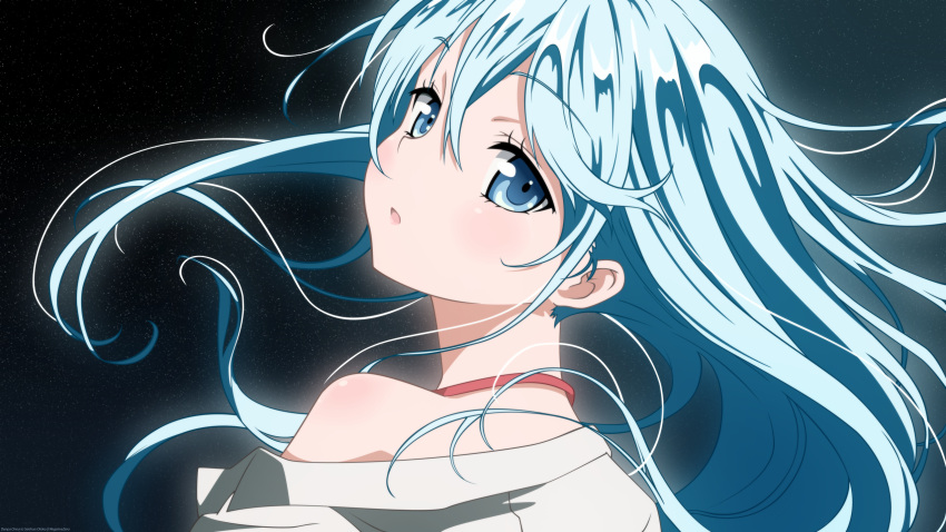 :o, bare_shoulders, blue_eyes, blue_hair, blush, denpa_onna_to_seishun_otoko, highres, long_hair, negativezero, off_shoulder, open_mouth, solo, touwa_erio, vector_trace, very_long_hair, wallpaper