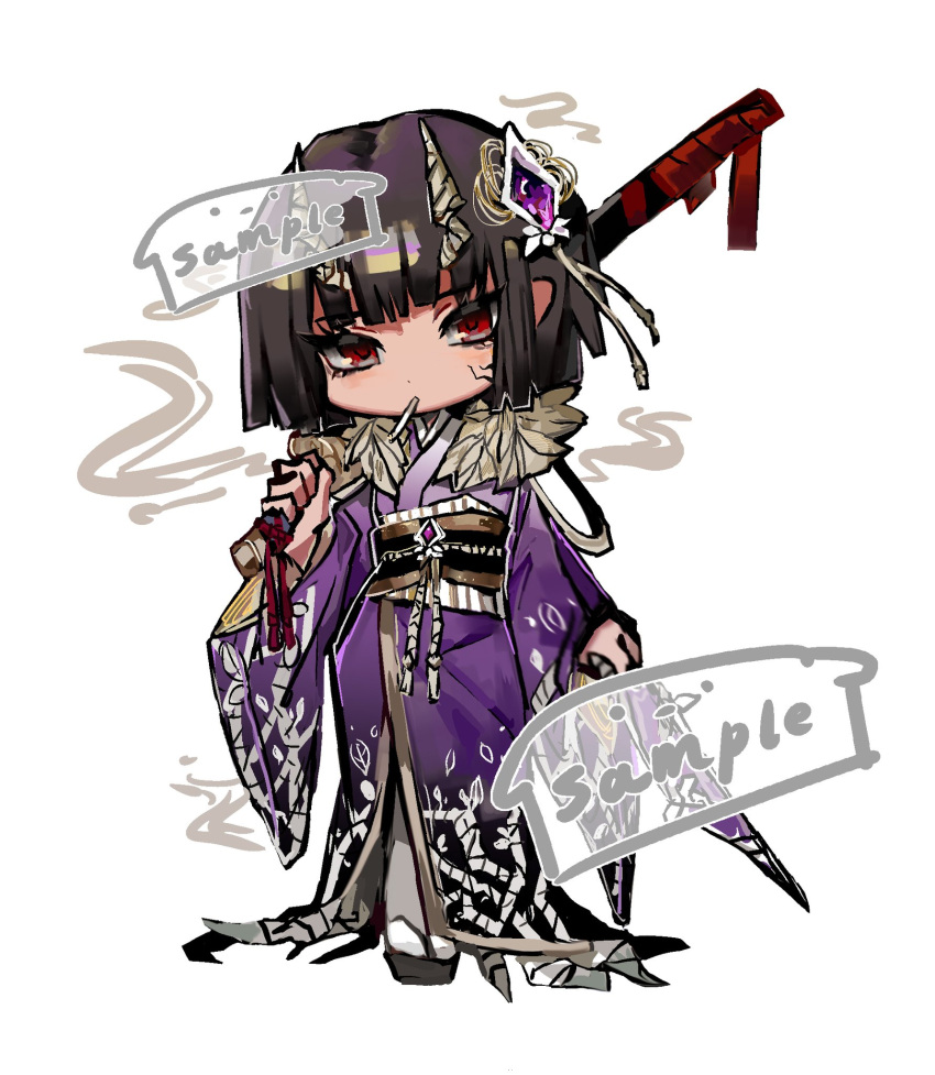 1girl, alternate_costume, black_hair, black_sandals, bob_cut, brown_sash, chibi, cigarette