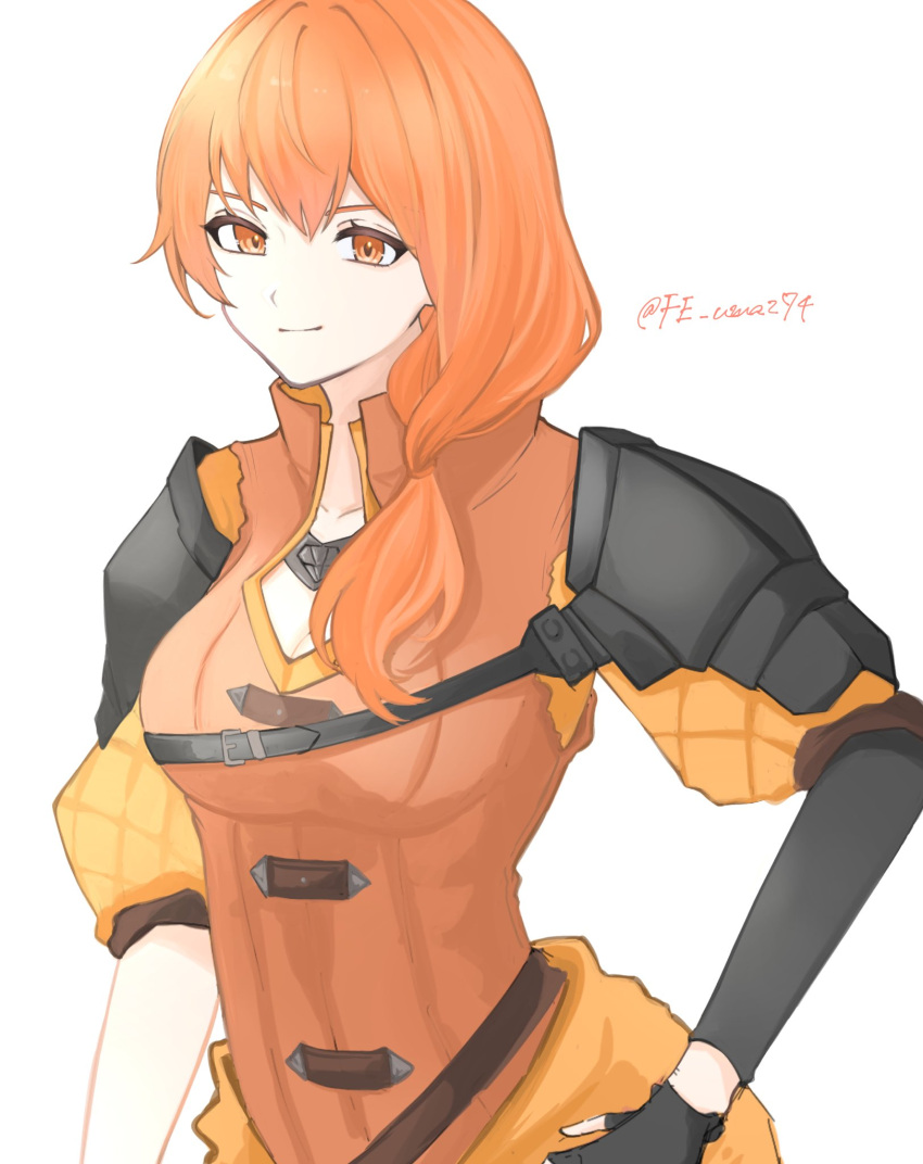 1girl, armor, black_gloves, fingerless_gloves, fire_emblem, fire_emblem:_three_houses, gloves, grey_background, highres, leonie_pinelli, leonie_pinelli_(timeskip), long_hair, looking_at_viewer, orange_eyes, orange_hair, pauldrons, sayaka_(fe_uma274), shoulder_armor, simple_background, smile, solo, twitter_username