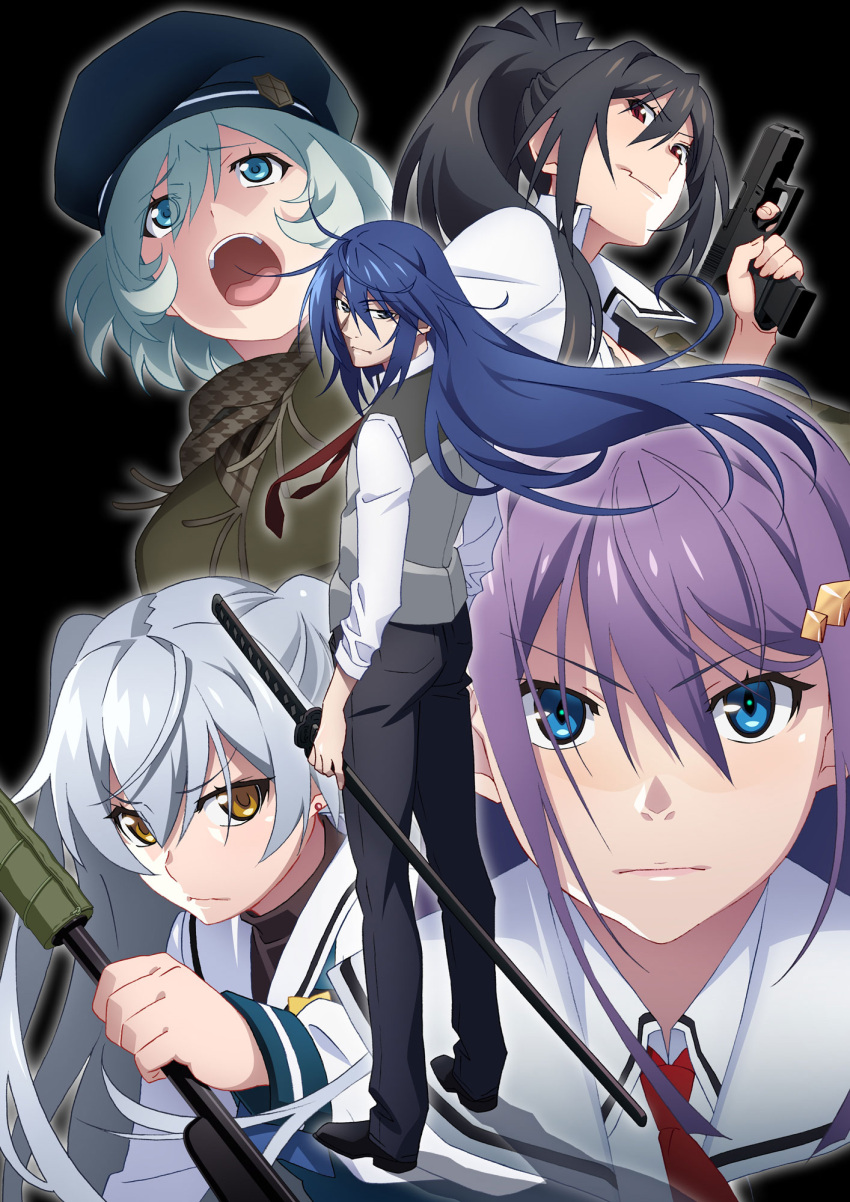 aoi_haruto, black_background, black_hair, black_hat, black_pants, black_shoes, blue_eyes, blue_hair