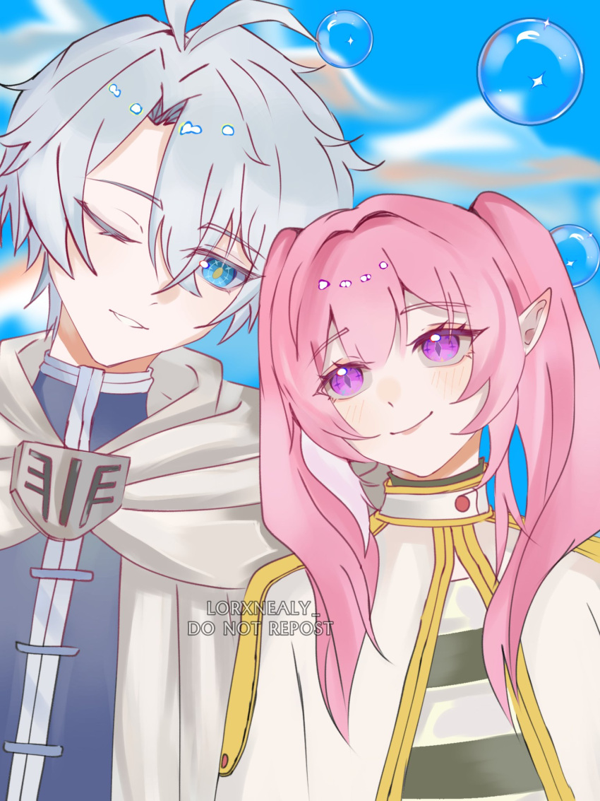 1boy, 1girl, ;), ahoge, blue_eyes, blue_sky, bubble, coat, cosplay, cyrene_(honkai:_star_rail), cyrene_(ripples_of_past_reverie)_(honkai:_star_rail), dress, elf, frieren, frieren_(cosplay), hashtag-only_commentary, highres, himmel_(sousou_no_frieren), himmel_(sousou_no_frieren)_(cosplay), honkai:_star_rail, honkai_(series), long_hair, lorxnealy, multicolored_hair, one_eye_closed, outdoors, phainon_(honkai:_star_rail), pink_hair, pointy_ears, short_hair, sky, smile, sousou_no_frieren, twintails, two-tone_hair, white_coat, white_dress, white_hair