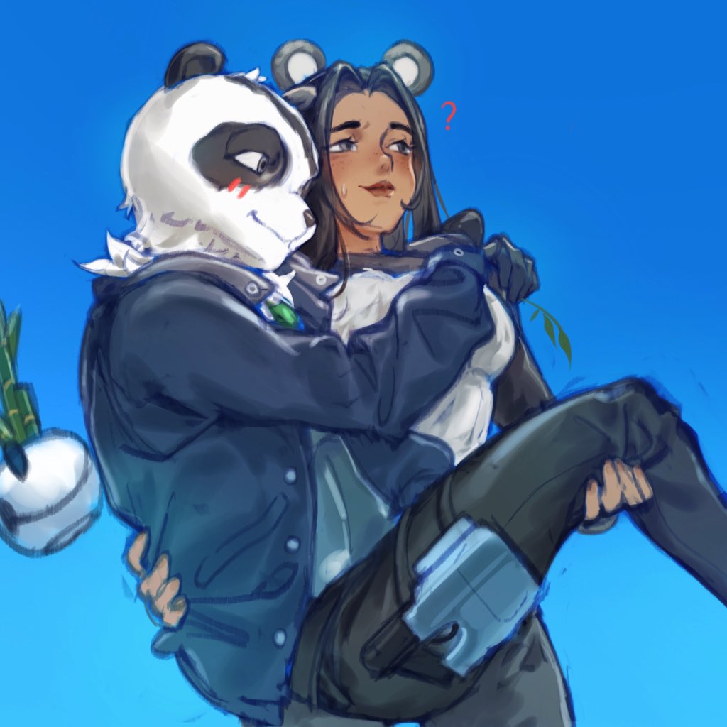 1boy, 1girl, ?, agent_patch_(fortnite), animal_ears, black_fur, black_pants, blue_background