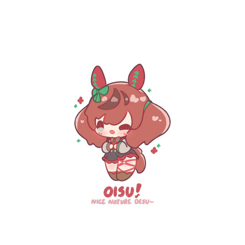 1girl, absurdres, animal_ears, black_dress, blush, bow, brown_hair, chibi, commentary, decrilus, dress, ear_bow, ear_covers, ear_ornament, ear_ribbon, english_commentary, english_text, green_bow, grey_sleeves, harness, highres, horse_ears, horse_girl, horse_tail, kneehighs, long_sleeves, looking_at_viewer, medium_hair, multicolored_hair, nice_nature_(poinsettia_ribbon)_(umamusume), nice_nature_(umamusume), one_eye_closed, open_mouth, simple_background, smile, socks, solo, streaked_hair, tail, twintails, umamusume, white_background