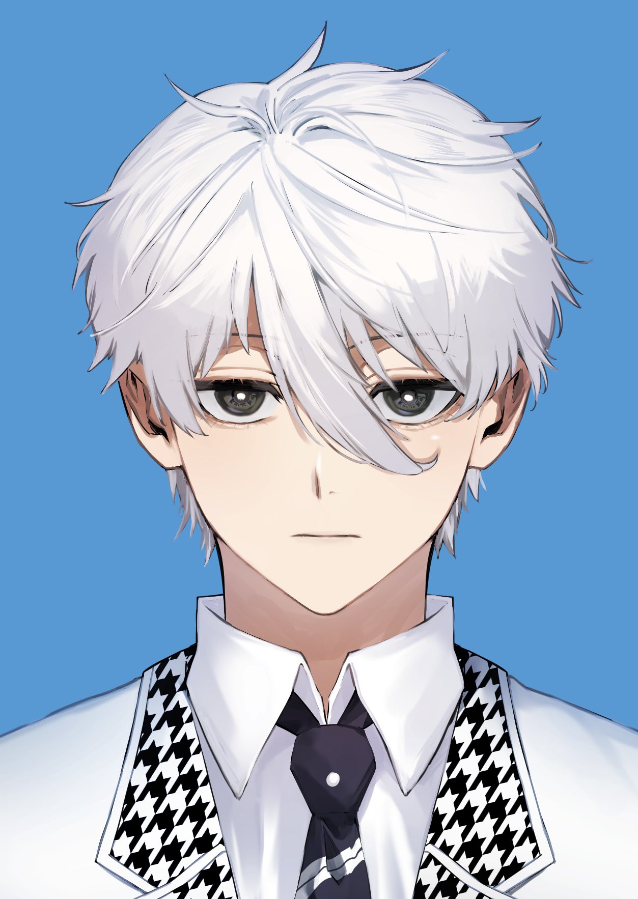 1boy, blue_background, blue_lock, bright_pupils, closed_mouth, collared_shirt, hair_between_eyes, highres