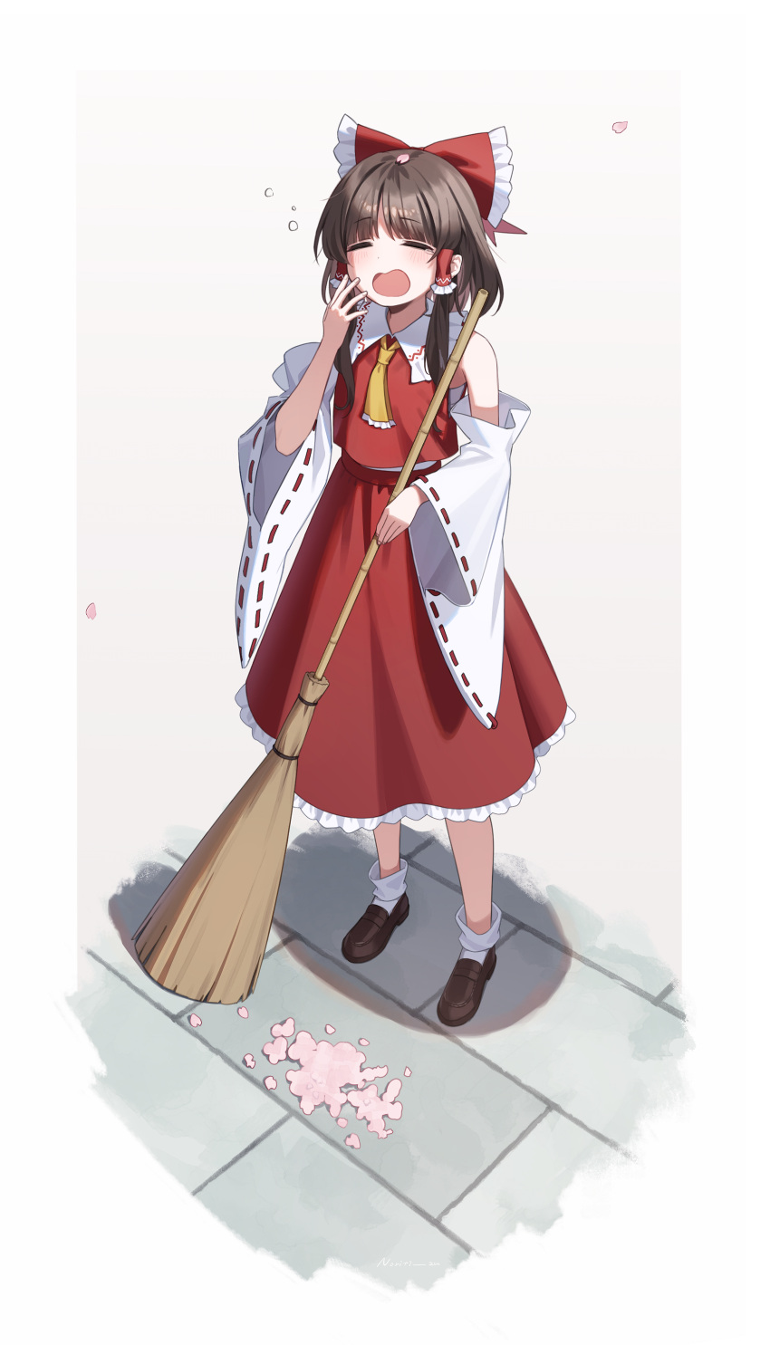 1girl, absurdres, ascot, bamboo_broom, bare_shoulders, blush, bow, broom
