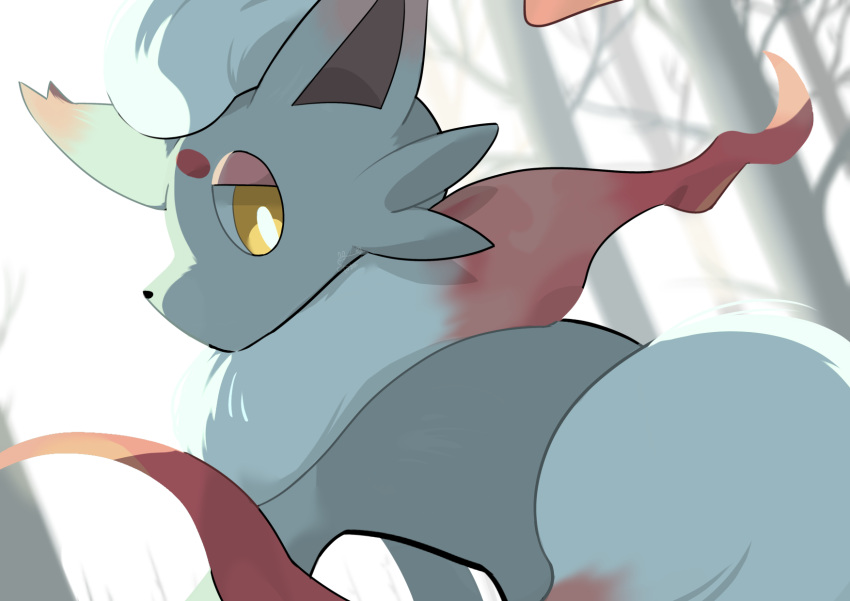 bare_tree, bright_pupils, commentary_request, day, highres, hisuian_zorua, looking_at_viewer, looking_back, no_humans, outdoors, pokemon, pokemon_(creature), pokemon_focus, solo, toba16ks, tree, white_pupils, yellow_eyes