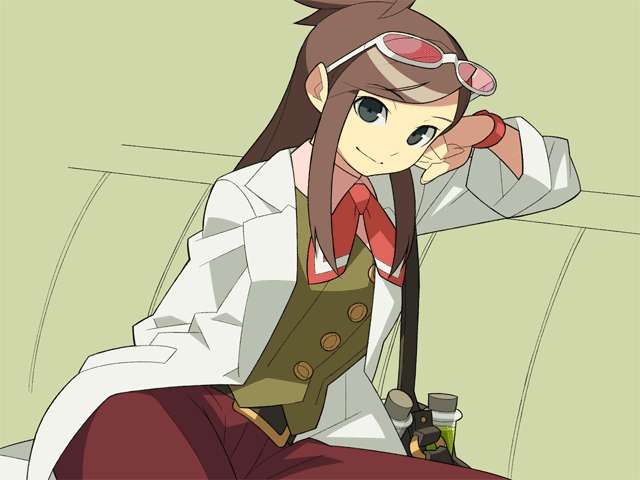 1girl, ace_attorney, anime_coloring, apollo_justice:_ace_attorney, archived_source, armrest, bag, belt, belt_buckle, black_bag, black_belt, brown_hair, buckle, burgundy_pants, buttons, capcom, chair, closed_mouth, coat, collared_shirt, corked_bottle, ema_skye, eyewear_on_head, gold_buckle, green_background, green_liquid, green_vest, grey_eyes, half_updo, head_rest, high_ponytail, itsumo_nokoru, lab_coat, lapels, long_hair, long_sidelocks, long_sleeves, looking_at_viewer, neck_ribbon, notched_lapels, o-ring, on_chair, pants, pink-tinted_eyewear, pink_shirt, pocket, ponytail, red_pants, red_ribbon, ribbon, shirt, short_ponytail, shoulder_bag, sidelocks, simple_background, smile, solo, split_mouth, swept_bangs, test_tube, tinted_eyewear, undershirt, vest, watch, watch, white-framed_eyewear, white_coat, white_sleeves, wing_collar