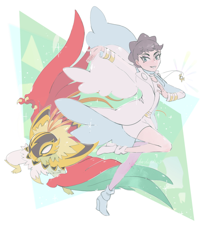 1girl, 1other, aqua_eyes, artist_name, brown_hair, claws, commentary, deardiantha, diantha_(pokemon), english_commentary, eyelashes, full_body, hawlucha, highres, jacket, jewelry, long_sleeves, mask, mega_hawlucha, mega_pokemon, necklace, outstretched_arm, pokemon, pokemon_(creature), pokemon_legends:_z-a, pokemon_xy, shirt, shoes, short_hair, shorts, signature, smile, sparkle, very_short_hair, white_jacket, white_shirt, white_shoes, white_shorts, wrestling_outfit