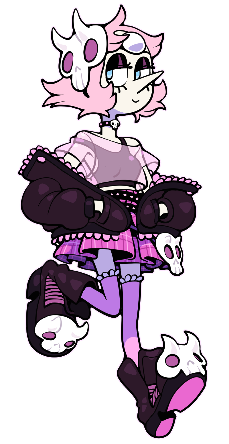 1girl, alternate_costume, black_eyeshadow, blue_eyes, breasts, discount-supervillain, eyeshadow, forehead_jewel, gem, gem_(steven_universe), goth_fashion, highres, makeup, mask, mask_on_head, pale_skin, pastel_goth, pearl_(species)_(steven_universe), pearl_(steven_universe), pink_hair, pointy_nose, see-through_clothes, see-through_shirt, shirt, short_hair, skull_mask, smile, solo, steven_universe