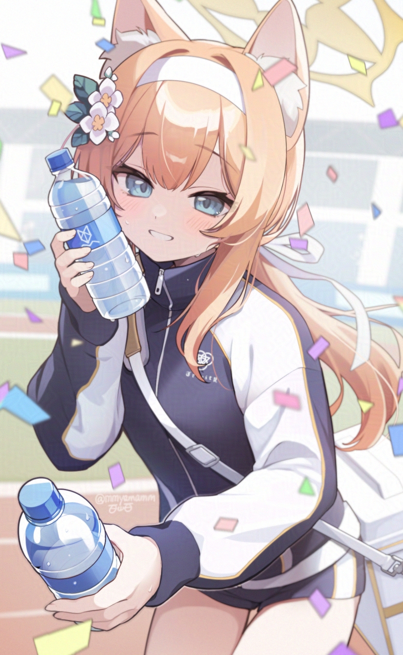 1girl, animal_ear_fluff, animal_ears, bag, black_jacket, blue_archive, bottle, confetti