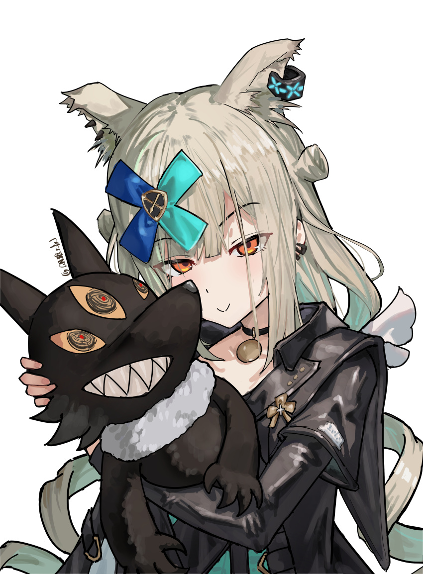 1girl, :>, absurdres, animal_ear_fluff, animal_ears, aqua_hair, arknights, artist_name