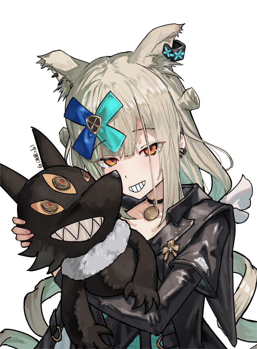 1girl, absurdres, animal_ear_fluff, animal_ears, aqua_hair, arknights, artist_name, atsuko's_grin_(meme)