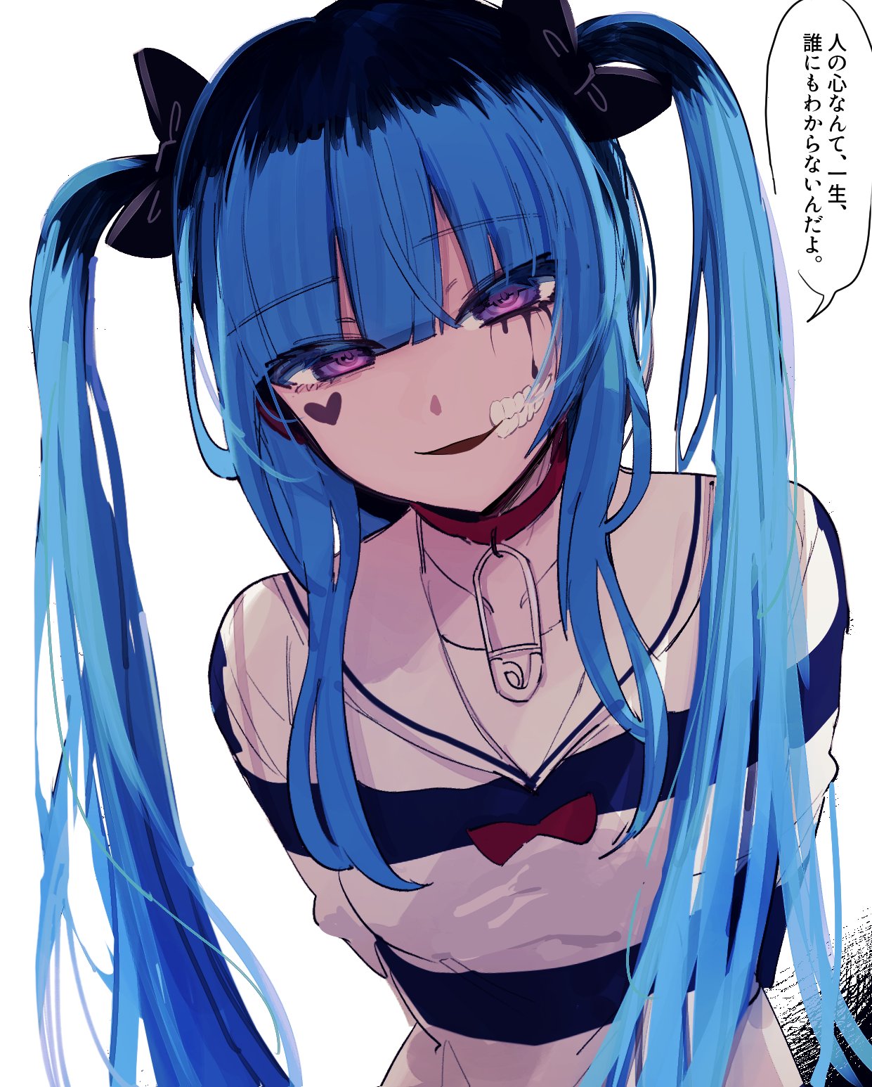 1girl, amemiya_darumi, arms_behind_back, black_bow, black_hair, blue_hair, bow, chinuki