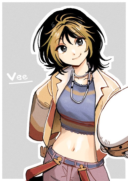 1girl, black_eyes, black_hair, blonde_hair, character_name, closed_mouth, commentary_request, dead_by_daylight, holding_tambourine, instrument, looking_at_viewer, midriff, multicolored_hair, navel, niname_shuri, simple_background, smile, solo, tambourine, two-tone_hair, vee_boonyasak