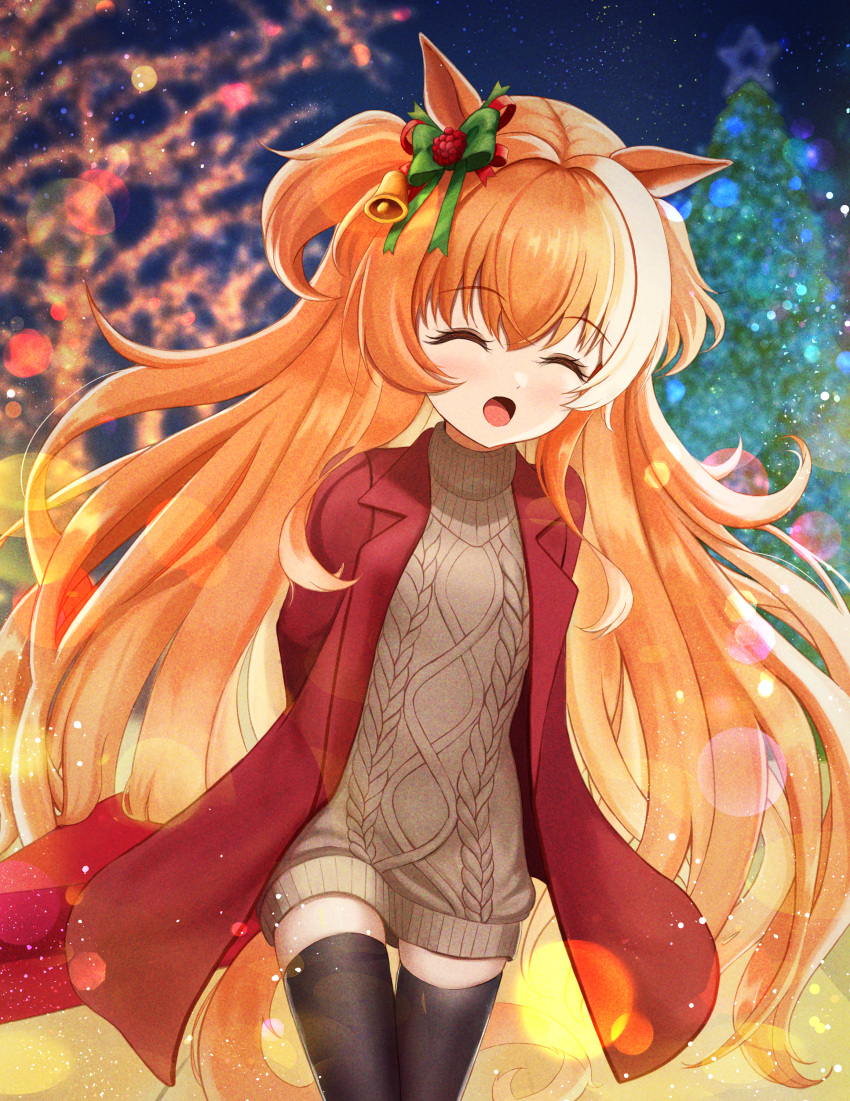 1girl, :d, ^_^, absurdres, animal_ears, arms_behind_back, bell, black_thighhighs