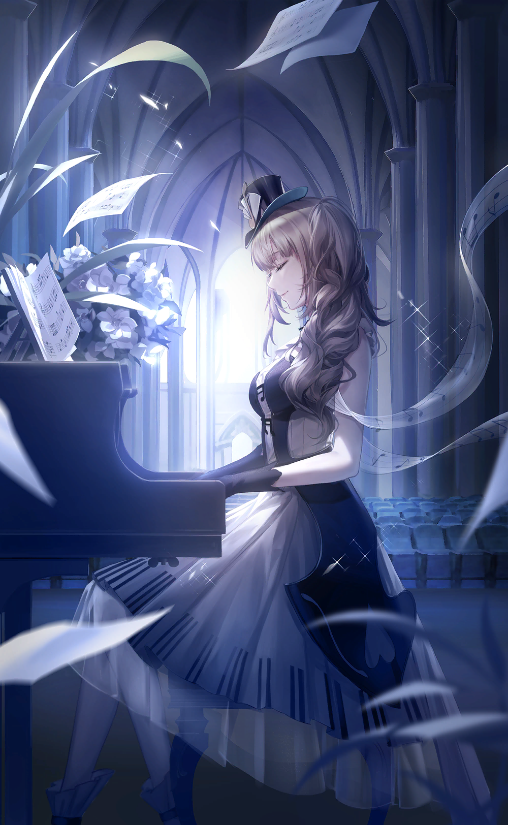 1girl, arch, black-white_encounter_(shining_nikki), black_dress, black_gloves, black_hat, blurry, blurry_foreground
