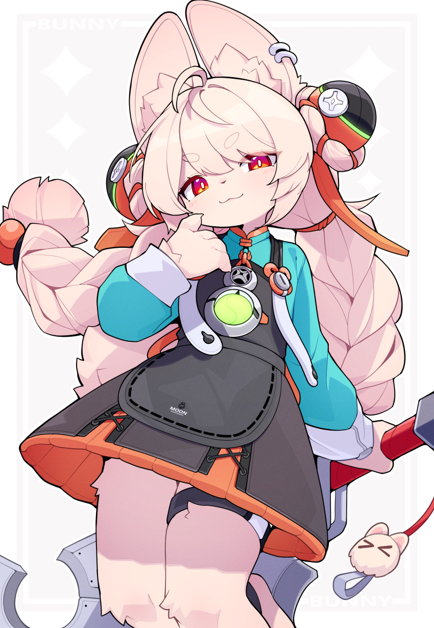 1girl, :3, absurdres, ahoge, animal_ear_fluff, animal_ears, blush, braid, dev_voxy, earrings, furry, furry_female, highres, holding, holding_behind_back, holding_sword, holding_sword_behind_back, holding_weapon, holding_weapon_behind_back, jewelry, long_hair, looking_at_viewer, pointing, pointing_at_self, rabbit_ears, rabbit_tail, red_eyes, solo, sword, tail, thigh_strap, twin_braids, weapon, zenless_zone_zero, zhao_(zenless_zone_zero)
