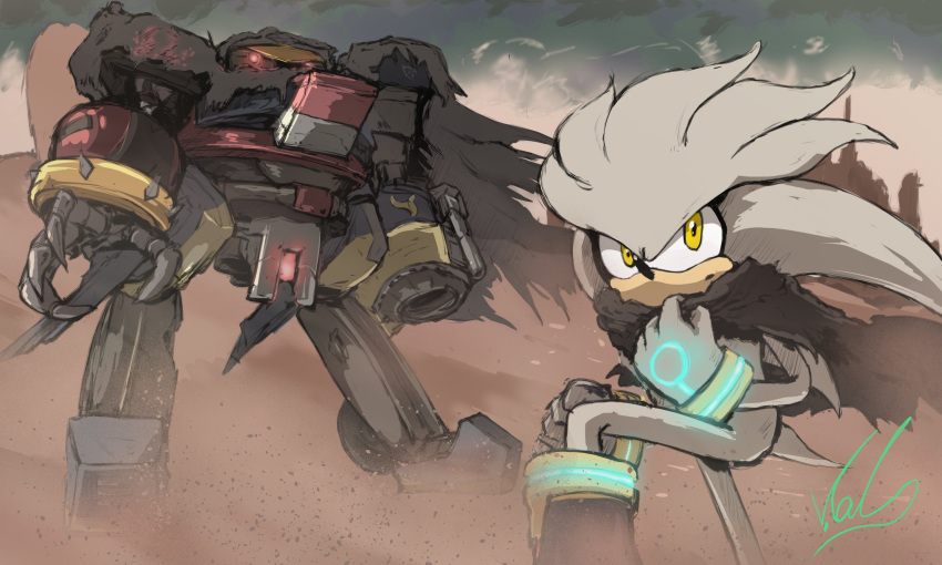 2boys, alternate_costume, black_cape, cape, closed_mouth, desert, e-123_omega, furry, furry_male, hedgehog_boy, highres, looking_at_another, male_focus, multiple_boys, outdoors, robot, sand, signature, silver_the_hedgehog, sky, sonic_(series), torn_cape, torn_clothes, valrin_arts, yellow_eyes