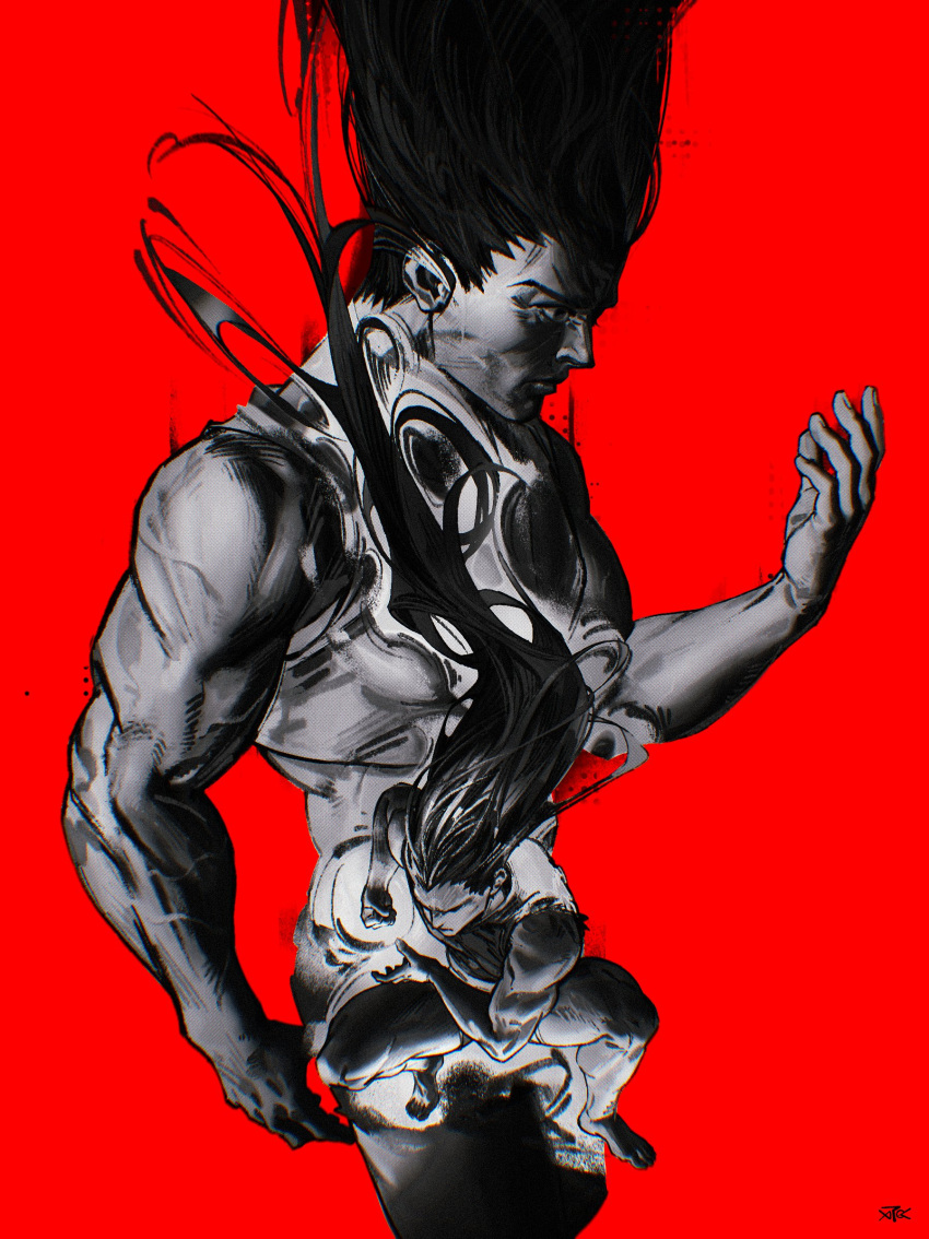 1boy, atmosgear, fighting_stance, gon_freecss, greyscale, highres, hunter_x_hunter, long_hair