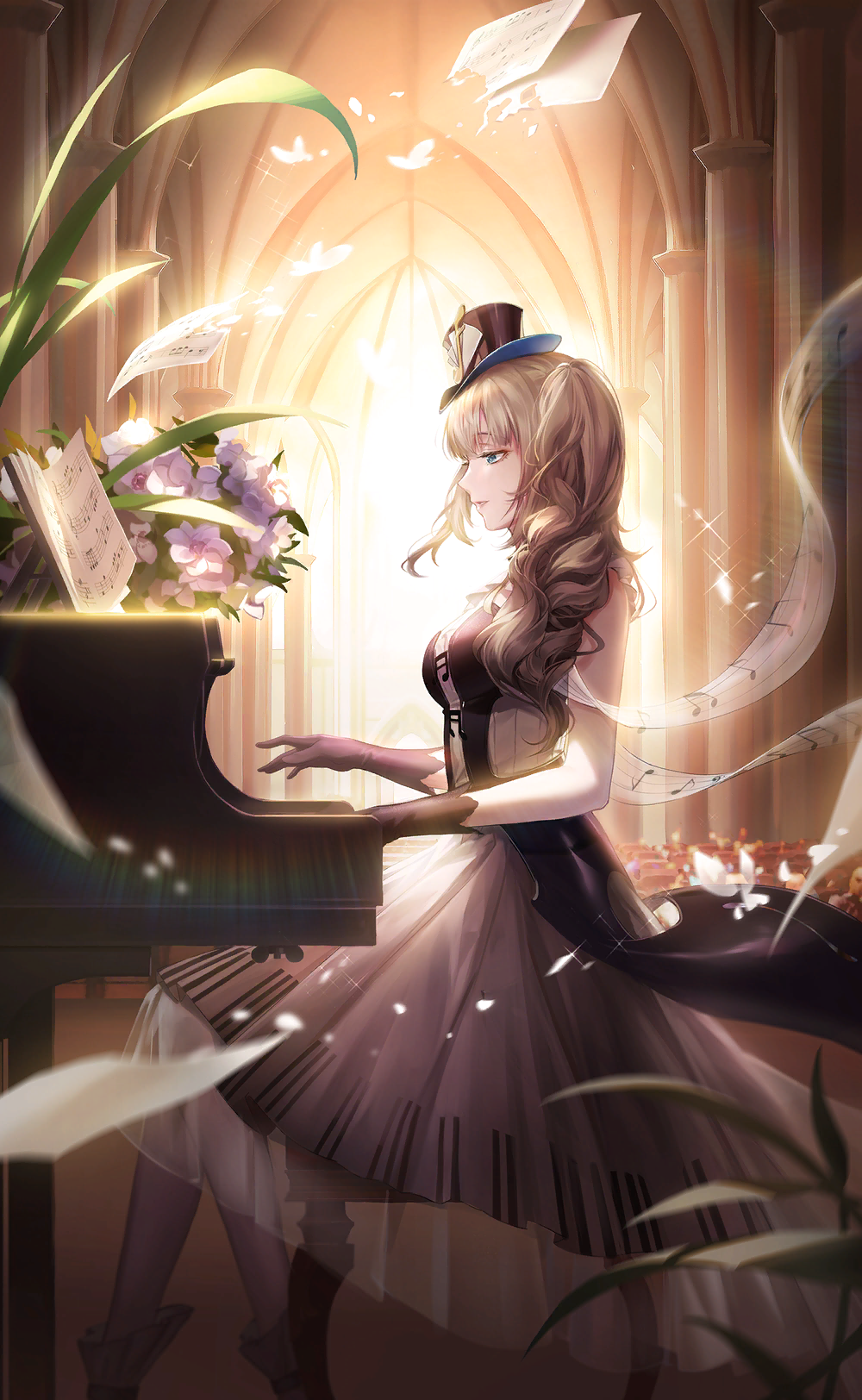 1girl, arch, black-white_encounter_(shining_nikki), black_dress, black_gloves, black_hat, blue_eyes, blurry