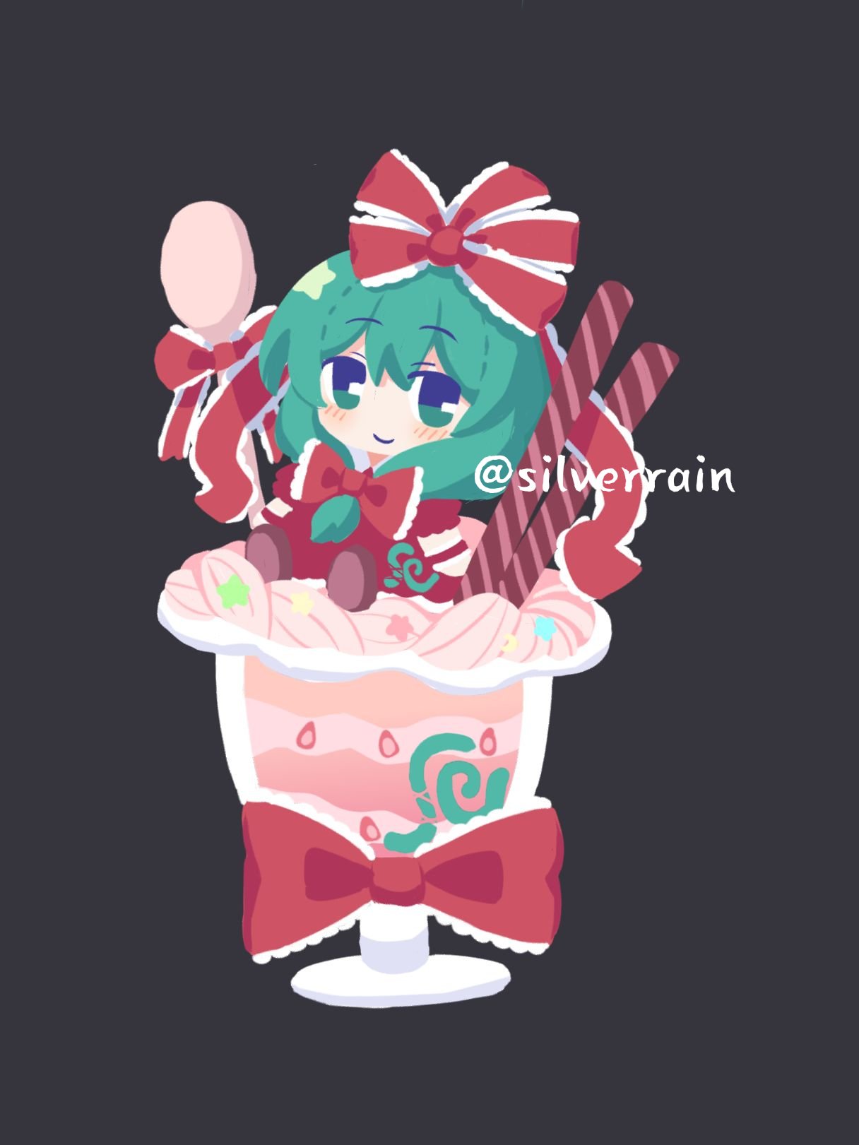 1girl, bow, chibi, dress, food, front_ponytail, green_eyes, green_hair, highres, ice_cream, kagiyama_hina, looking_at_viewer, red_bow, red_dress, red_ribbon, ribbon, silverrain, sitting, smile, solo, sundae, touhou, twitter_username