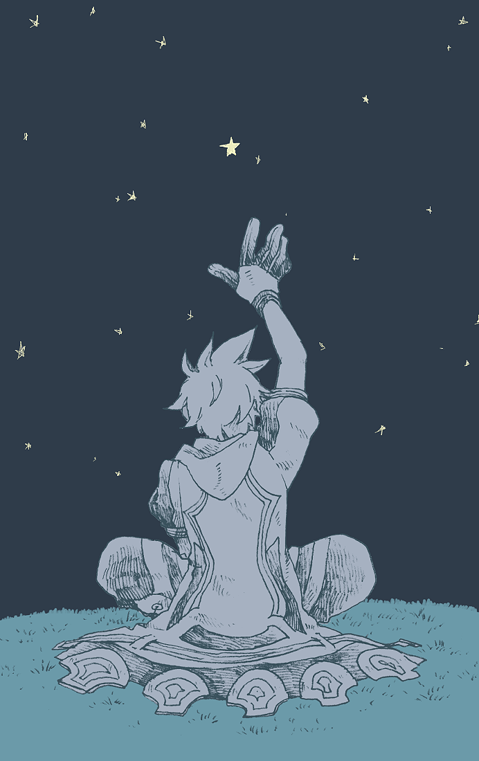 1boy, another_eden, arm_up, cape, commentary_request, dewey_(another_eden), from_behind, full_body