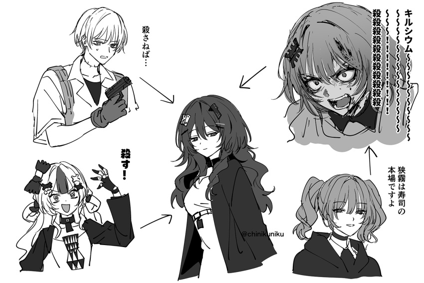 1boy, 4girls, angry, blood, blood_from_forehead, blood_on_face, chinikuniku, choker, cirsium_(lavender_quartz), closed_mouth, collared_shirt, commentary_request, cropped_shoulders, cropped_torso, furious, gloves, greyscale, gun, hair_ornament, half-closed_eyes, hand_up, handgun, holding, holding_gun, holding_weapon, ichijou_riana, ikonu_(lavender_quartz), jacket, lavender_quartz, lavender_quartz:_kyoukai_hyoudou, long_sleeves, looking_at_viewer, medium_hair, monochrome, multicolored_hair, multiple_girls, open_clothes, open_jacket, open_mouth, relationship_graph, seirovo_(lavender_quartz), sentanat_(lavender_quartz), shirt, short_hair, short_sleeves, simple_background, small_sweatdrop, smile, spoilers, streaked_hair, translation_request, twintails, underbust, v-shaped_eyebrows, weapon