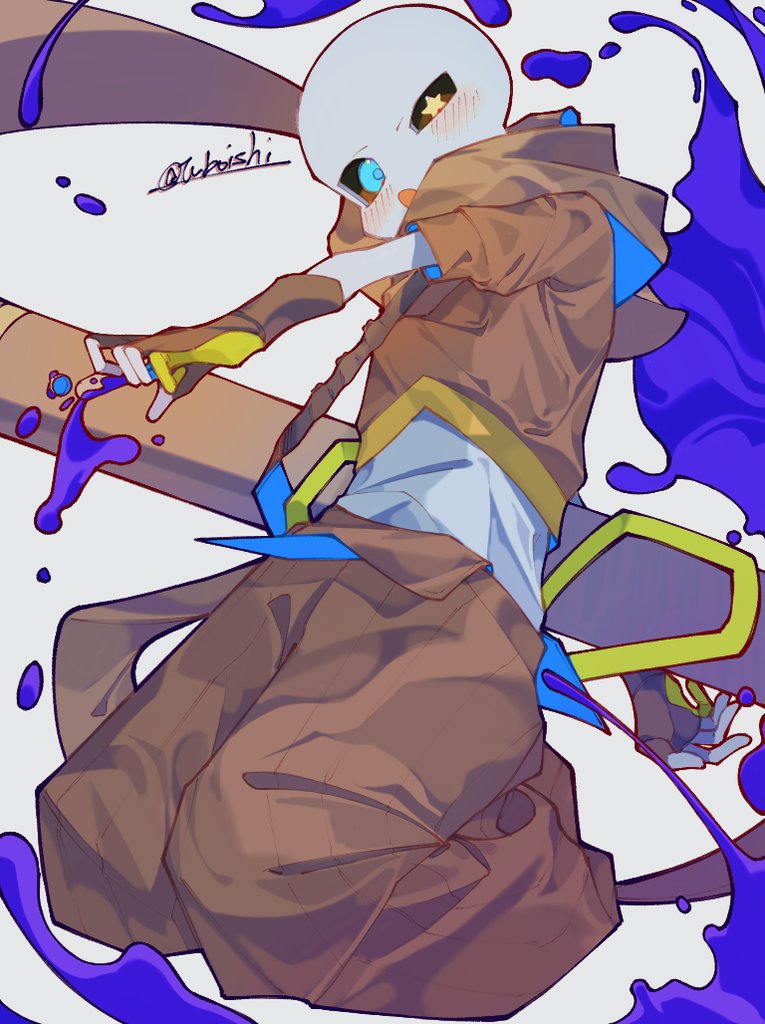 1boy, :o, alternate_universe, baggy_pants, black_sclera, blue_eyes, blush, brown_gloves