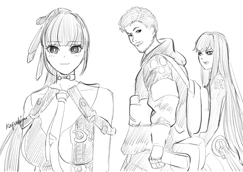 1boy, 2girls, absurdres, adam_(stellar_blade), aroused, black_hair, distracted_boyfriend_(meme), eve_(stellar_blade)