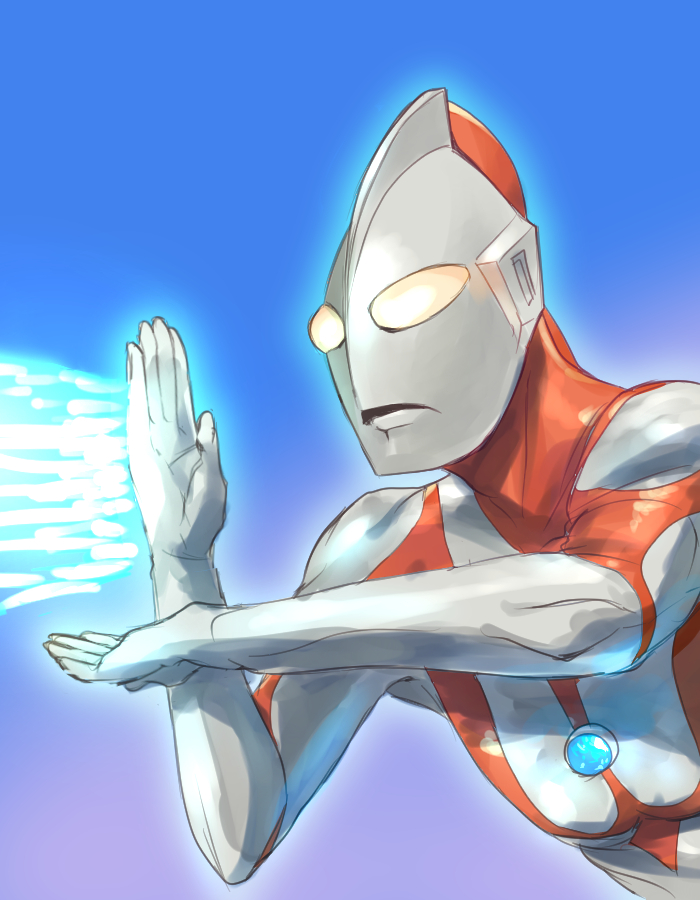 1boy, alien, blue_background, collarbone, color_timer, colored_skin, commentary, compound_eyes
